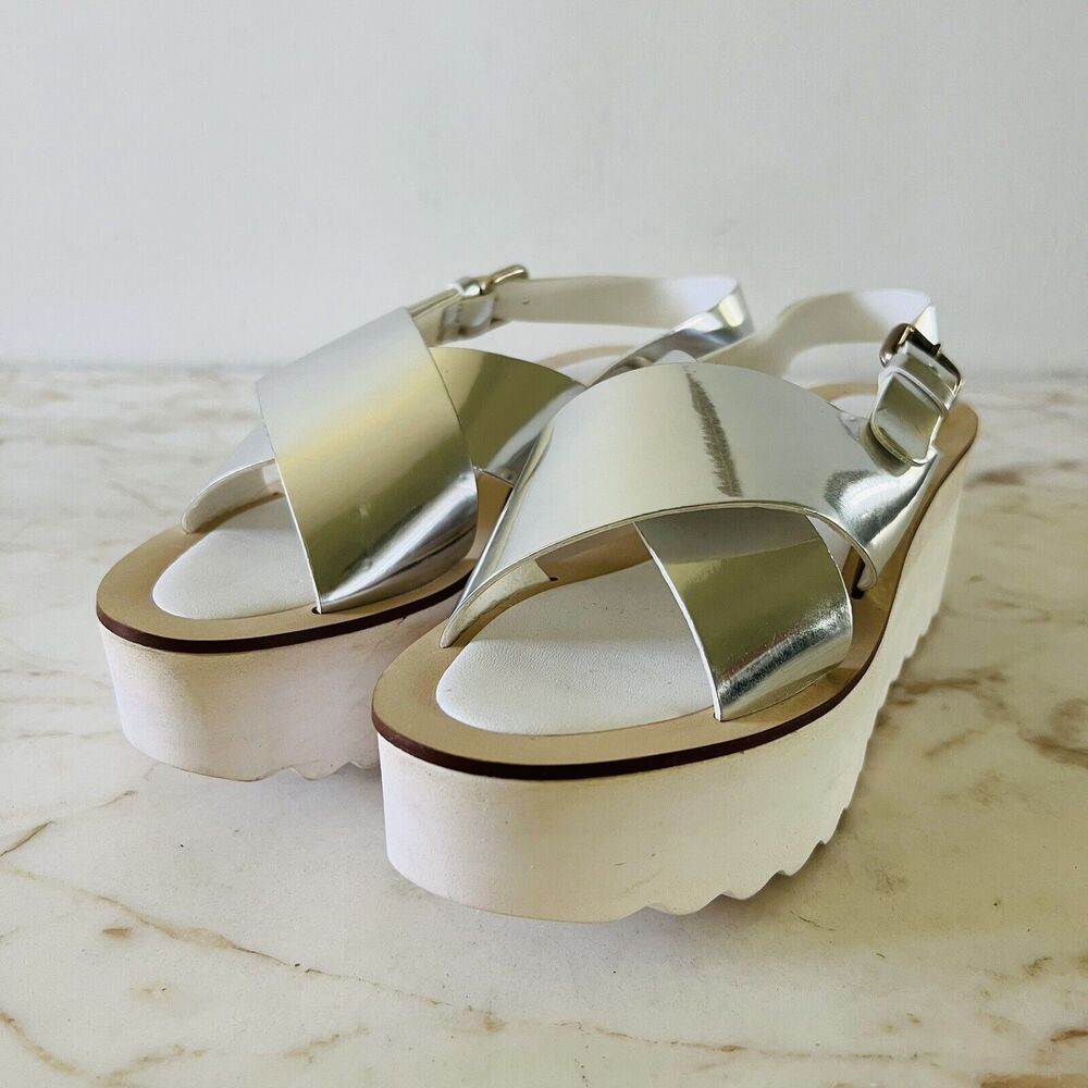 ZARA Glossy Silver White Faux Leather Cris-Cross Platform Sandal- EU 37 / US 6.5